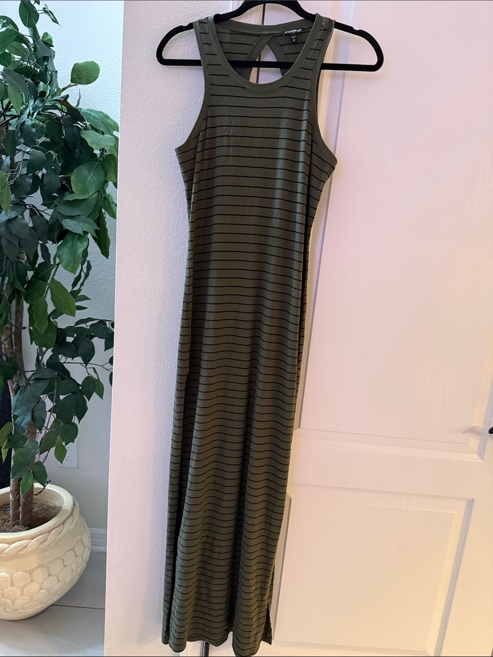 Express Olive Green and Black Striped Maxi Dress